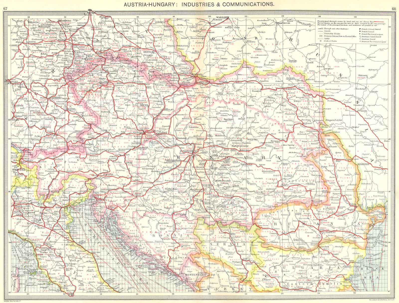 AUSTRIA. Austria-Hungary. Industries and Communications 1907 old antique map